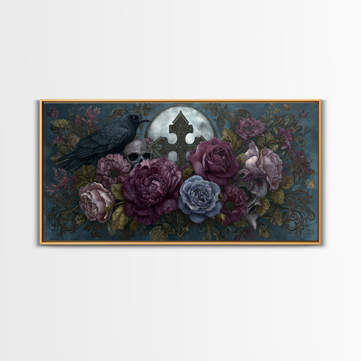 Ornate Cross and Roses Dramatic Still Life Framed Canvas Print, Gothic Art, Canvas Tote Bag, Living Room Decor, Gothic, GOT-2x1-88