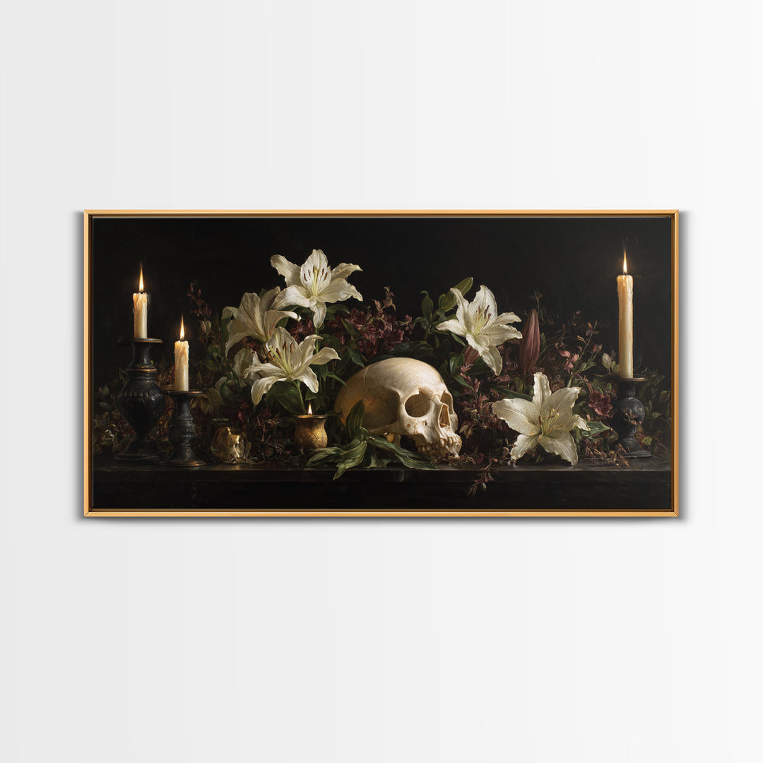 Skull Surrounded by Lilies and Candles Framed Canvas Print, Gothic Art, Canvas Tote Bag, Living Room Decor, Fine Art, Gothic, GOT-2x1-97
