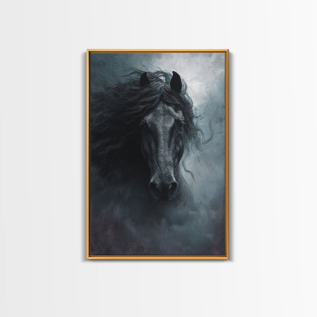 Black Horse with Flowing Mane in Fog Framed Canvas Print, Gothic Art, Wall Art, Living Room Decor, Gothic, Canvas Tote Bag, GOT-2x3-1