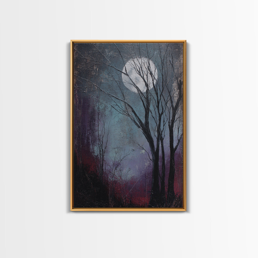 Silver Moon over Twisted Black Trees Framed Canvas Print, Gothic Art, Art Prints, Living Room Decor, Abstract Art, Gothic, GOT-2x3-17