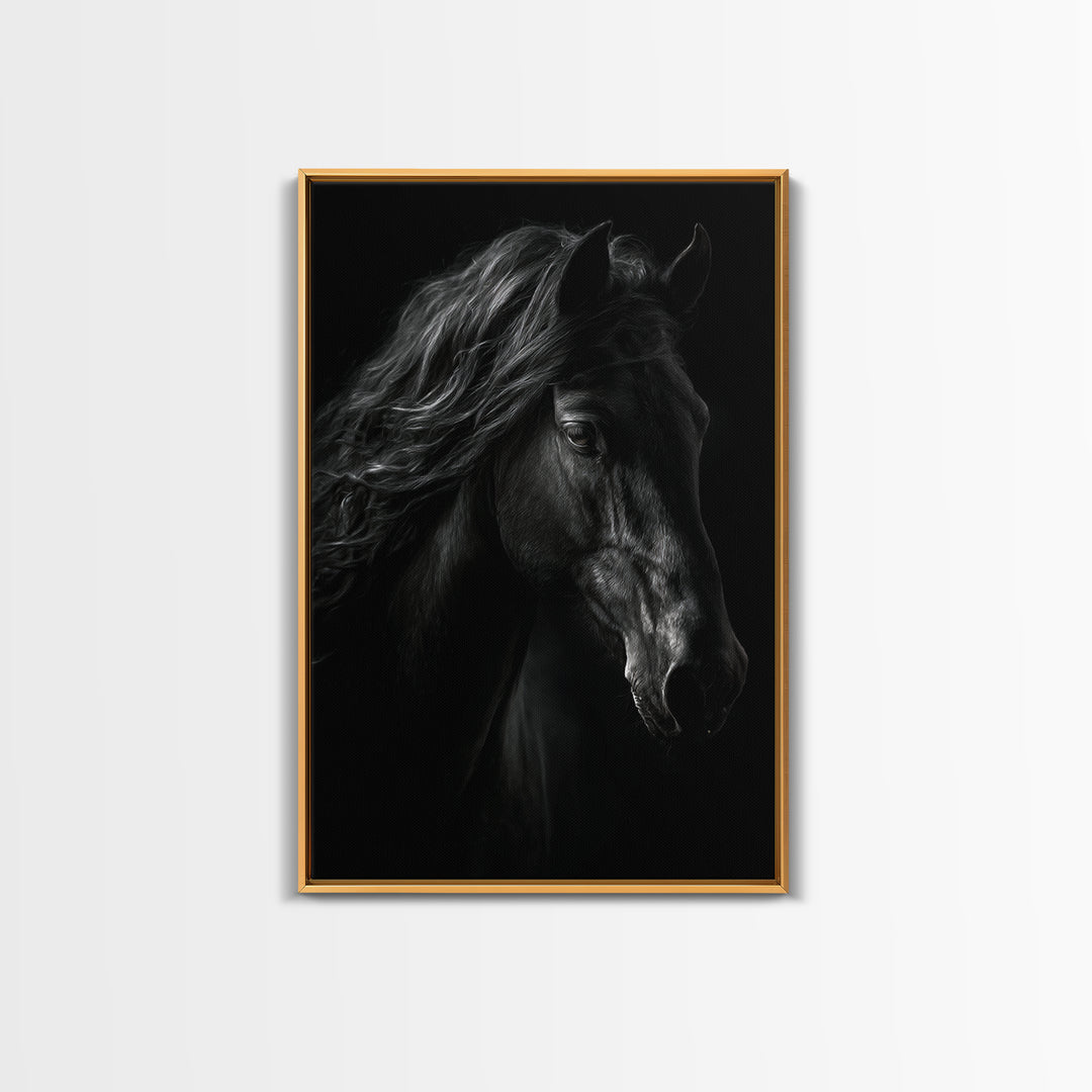 Black Horse with Flowing Mane in Fog Framed Canvas Print, Gothic Art, Wall Art, Living Room Decor, Gothic, Canvas Tote Bag, GOT-2x3-25