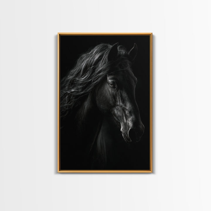 Black Horse with Flowing Mane in Fog Framed Canvas Print, Gothic Art, Wall Art, Living Room Decor, Gothic, Canvas Tote Bag, GOT-2x3-25