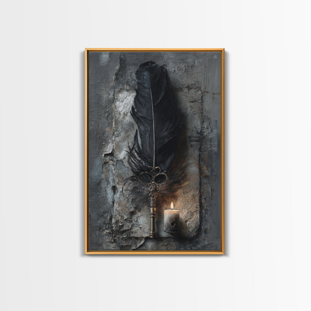 Crow Feathers and Antique Key Still Life Framed Canvas Print, Gothic Art, Black and White Art, Living Room Decor, GOT-2x3-44