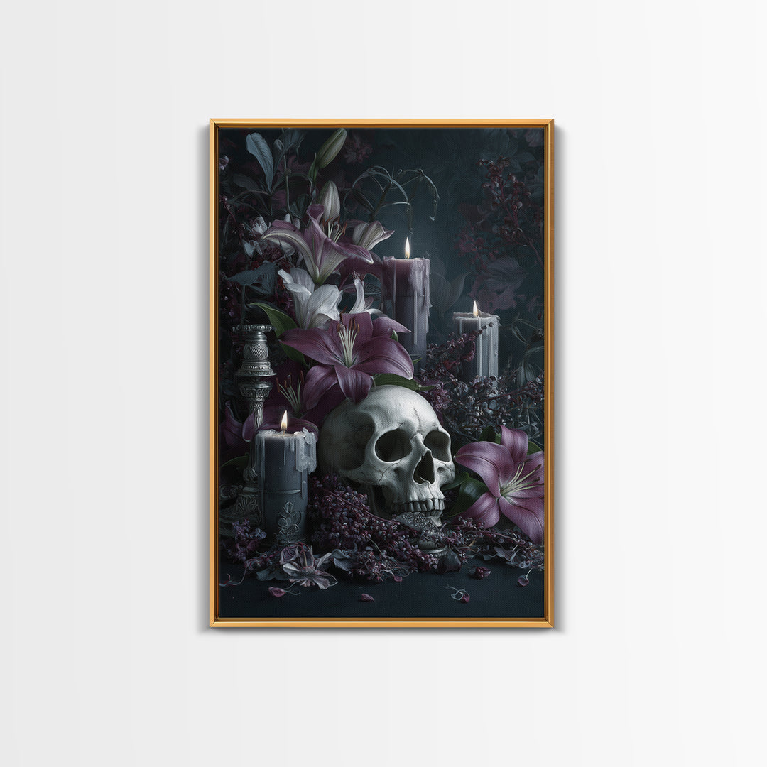 Skull Surrounded by Lilies and Candles Canvas Print, Gothic Art, Original Painting, Living Room Decor, Fine Art, Gothic, GOT-2x3-61
