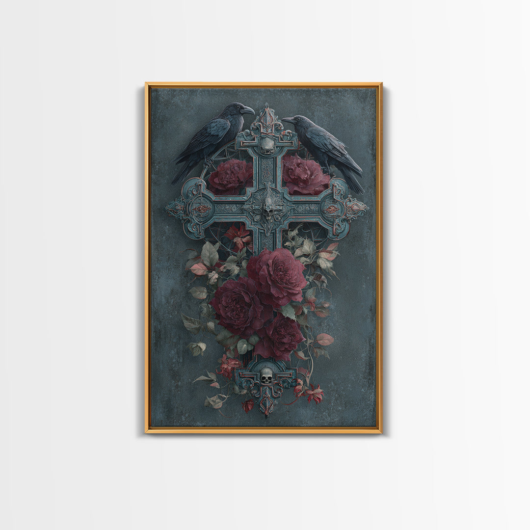 Ornate Cross and Roses Dramatic Still Life Framed Canvas Print, Gothic Art, Printable Art, Living Room Decor, Fine Art, Gothic, GOT-2x3-76