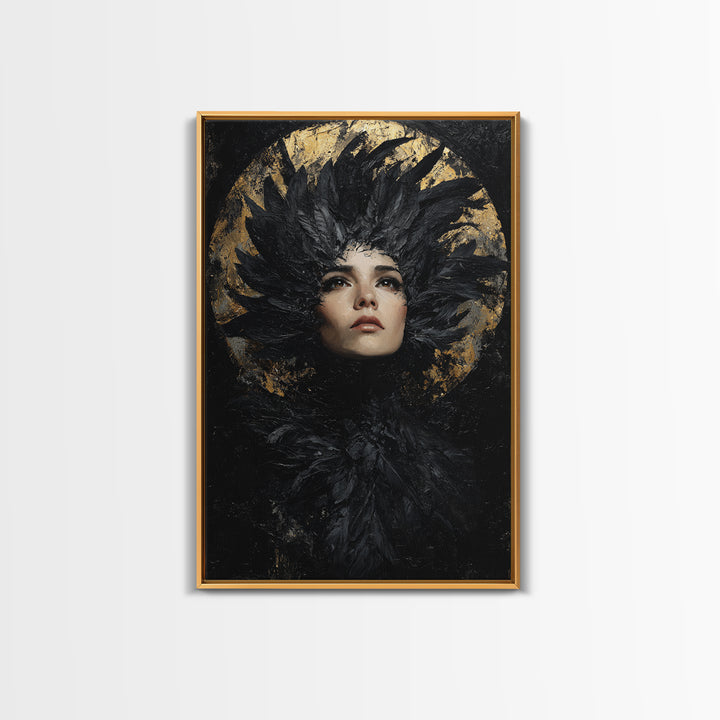 Raven Feathers Arranged Like a Halo Framed Canvas Print, Gothic Art, Art Prints, Living Room Decor, Fine Art, Gothic, GOT-2x3-78