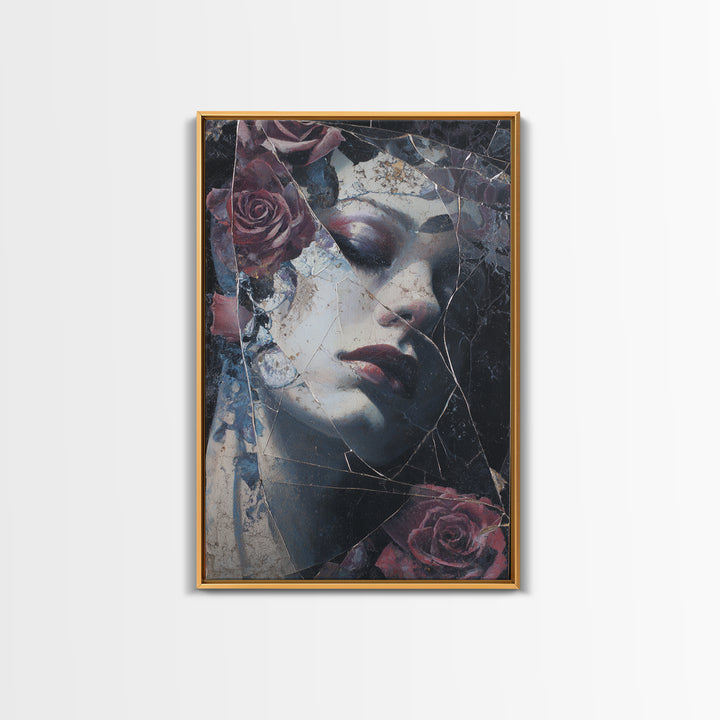 Cracked Mirror Reflecting Moon and Roses Canvas Print, Gothic Art, Poster, Living Room Decor, Fine Art, Gothic, Witchy Decor, GOT-2x3-79