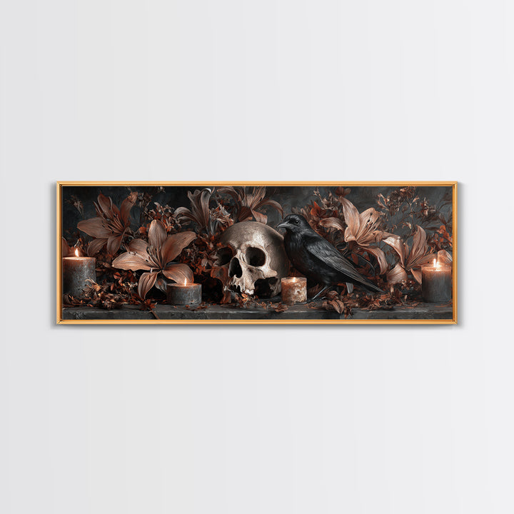Skull Surrounded by Lilies and Candles Canvas Print, Gothic Art, Gothic Wall Art, Living Room Decor, Fine Art, Gothic, GOT-3x1-21