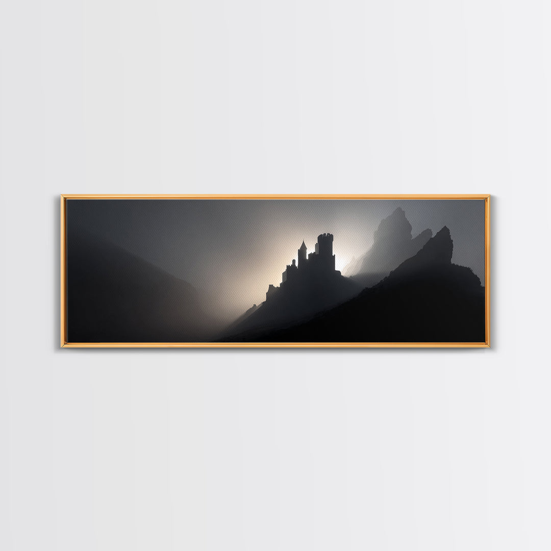 Stormy Castle Silhouette on Jagged Cliffs Canvas Print, Gothic Art, Boho Decor, Living Room Decor, Abstract Art, Gothic, GOT-3x1-22