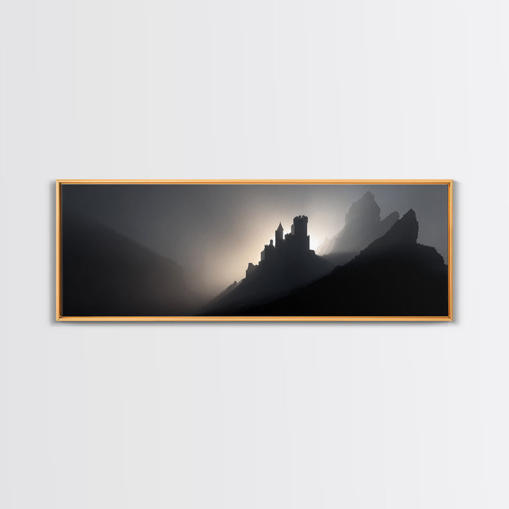 Stormy Castle Silhouette on Jagged Cliffs Canvas Print, Gothic Art, Boho Decor, Living Room Decor, Abstract Art, Gothic, GOT-3x1-22