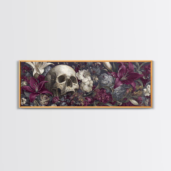 Skull Surrounded by Lilies and Candles Canvas Print, Gothic Art, Gothic Wall Art, Living Room Decor, Fine Art, Gothic, GOT-3x1-45
