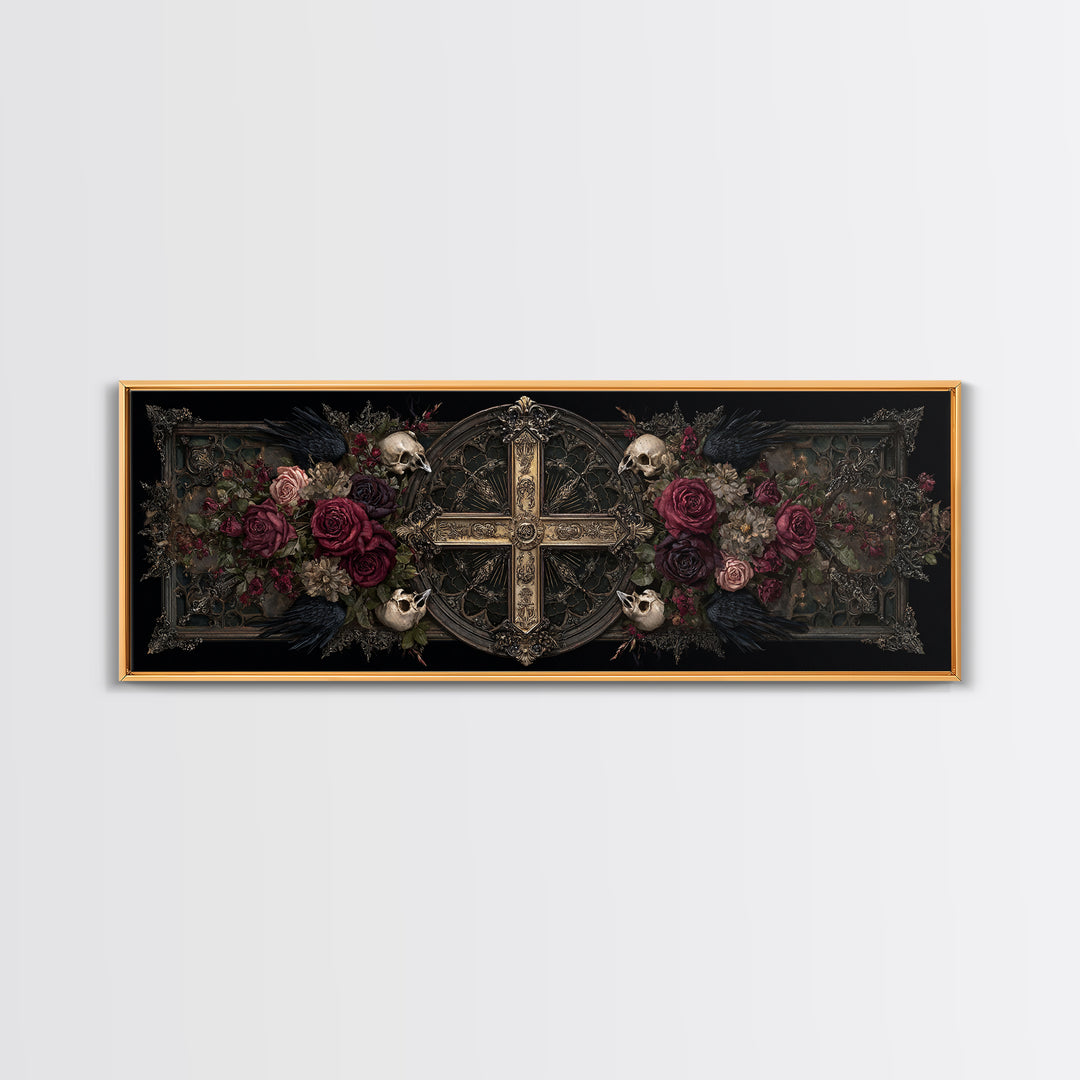 Ornate Cross and Roses Dramatic Still Life Framed Canvas Print, Gothic Art, Halloween Decor, Living Room Decor, Gothic, GOT-3x1-84