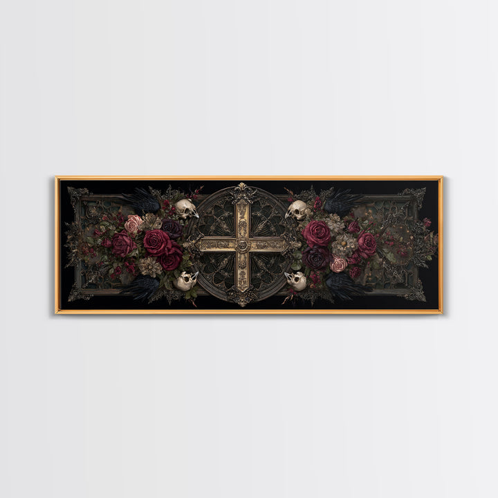 Ornate Cross and Roses Dramatic Still Life Framed Canvas Print, Gothic Art, Halloween Decor, Living Room Decor, Gothic, GOT-3x1-84