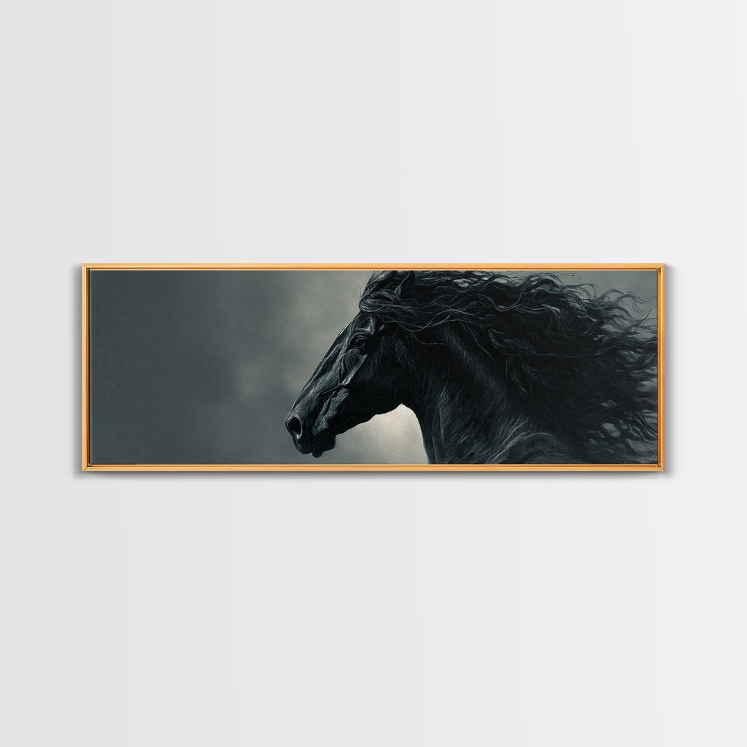 Black Horse with Flowing Mane in Fog Framed Canvas Print, Gothic Art, Gothic Decor, Living Room Decor, Fine Art, Gothic, GOT-3x1-9