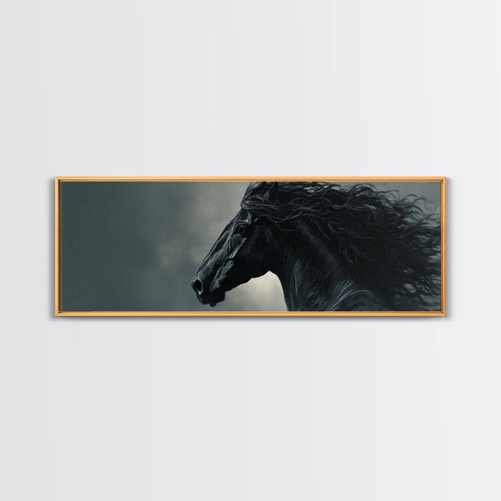 Black Horse with Flowing Mane in Fog Framed Canvas Print, Gothic Art, Gothic Decor, Living Room Decor, Fine Art, Gothic, GOT-3x1-9