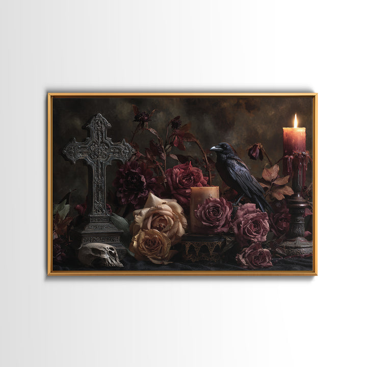 Ornate Cross and Roses Dramatic Still Life Framed Canvas Print, Gothic Art, Printable Art, Living Room Decor, Fine Art, Gothic, GOT-3x2-24