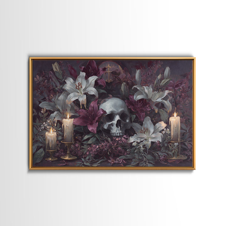 Skull Surrounded by Lilies and Candles Canvas Print, Gothic Art, Halloween Art, Living Room Decor, Gothic, Neutral Decor, GOT-3x2-33