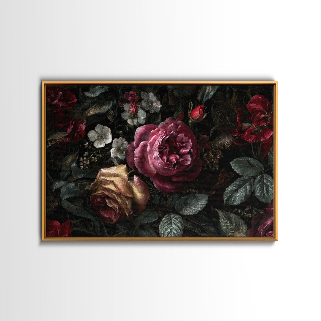 Dark Floral Wallpaper Pattern Framed Canvas Print, Gothic Art, Canvas Painting, Living Room Decor, Gothic, Fine Art Print, GOT-3x2-41
