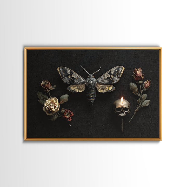 Moth and Skull Composition on Black Velvet Canvas Print, Gothic Art, Black and White Art, Living Room Decor, Abstract Art, GOT-3x2-43