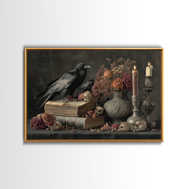 Candlelit Book and Dried Flowers Still Life Framed Canvas Print, Gothic Art, Witchy Decor, Living Room Decor, Fine Art, Gothic, GOT-3x2-46