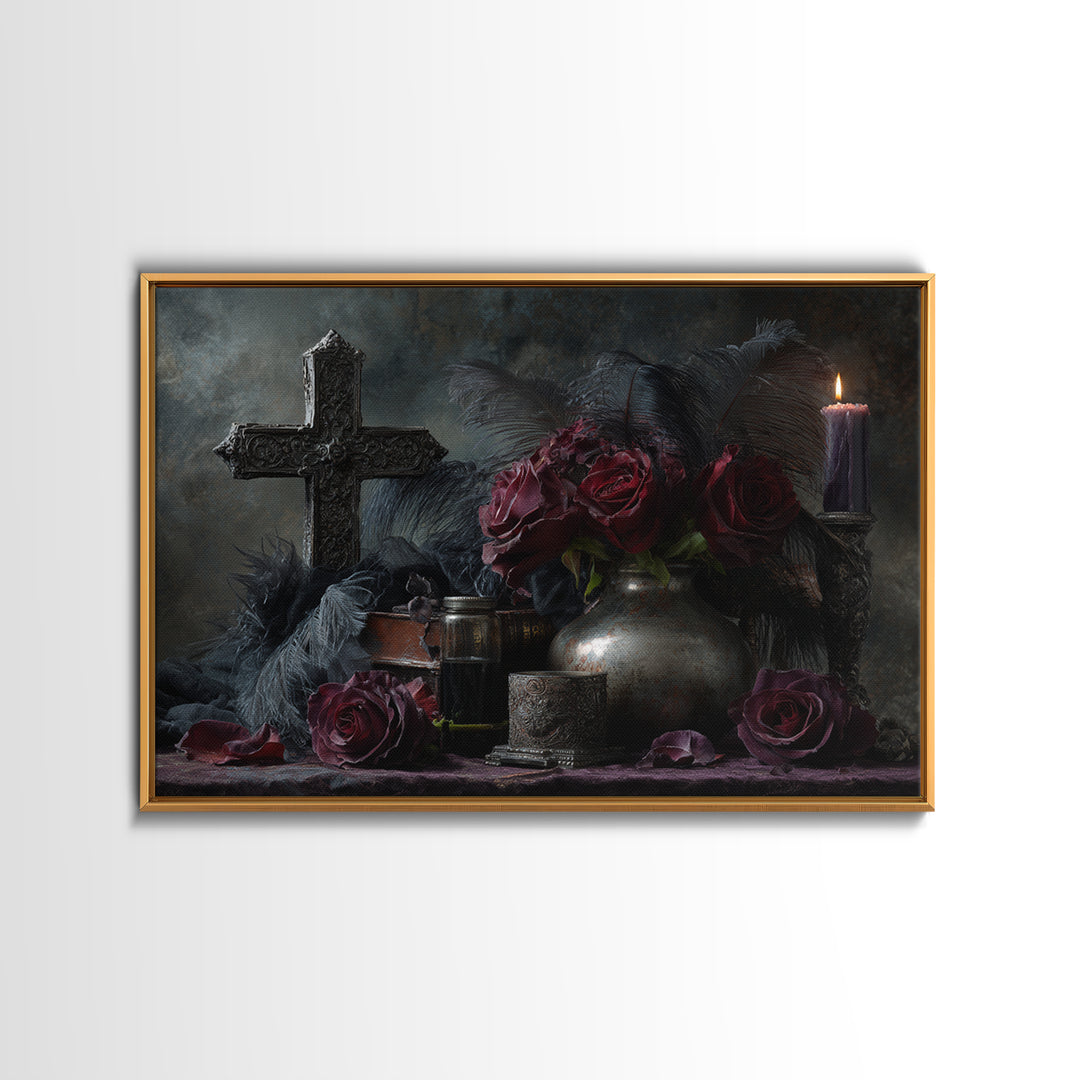Ornate Cross and Roses Dramatic Still Life Canvas Print, Gothic Art, Living Room Decor, Fine Art, Gothic, Modern Decor, GOT-3x2-48