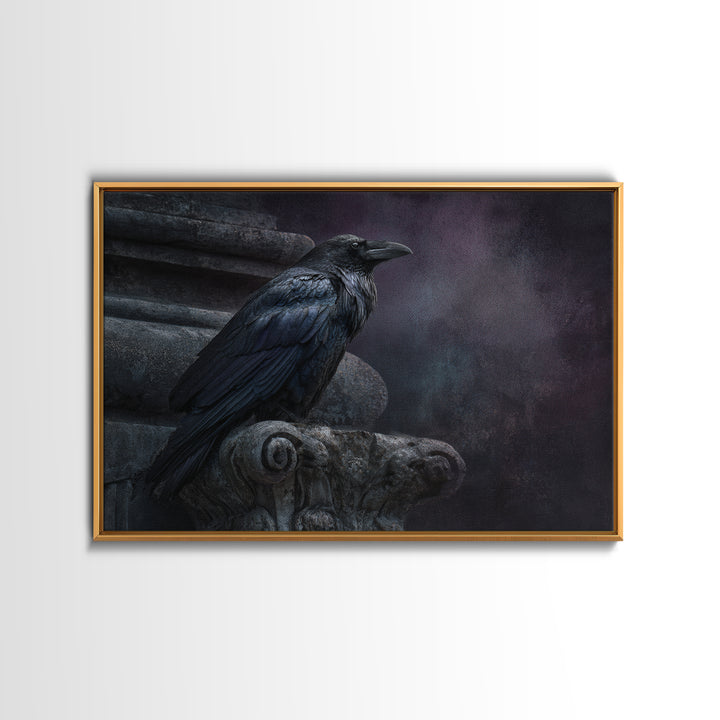 Raven on a Cathedral Gargoyle Framed Canvas Print, Gothic Art, Moody Wall Art, Living Room Decor, Fine Art, Gothic, Wall Decor, GOT-3x2-5