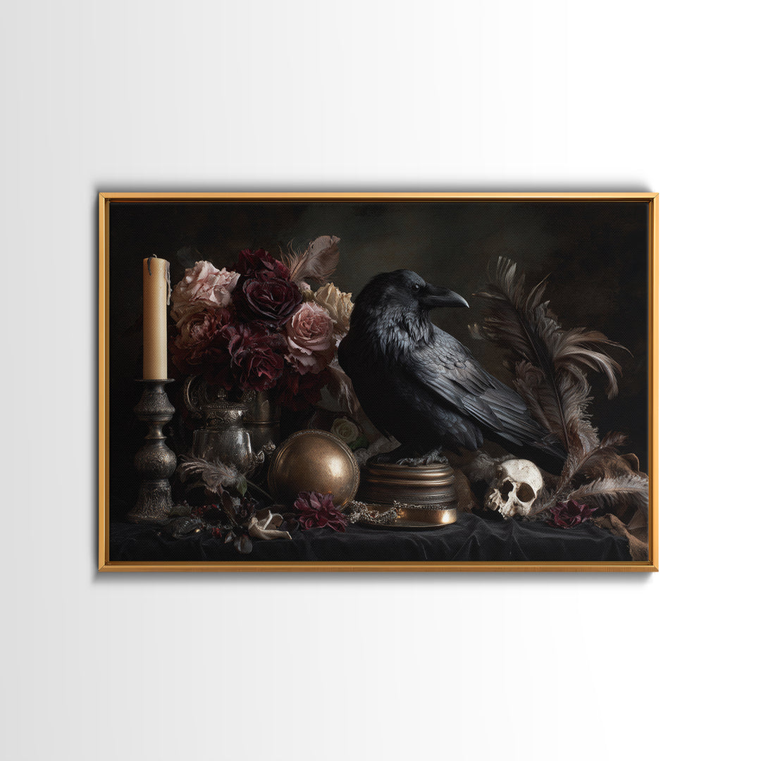 Raven Feathers Arranged Like a Halo Framed Canvas Print, Gothic Art, Printable Art, Living Room Decor, Oil Painting, Gothic, GOT-3x2-50