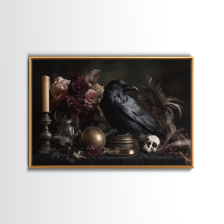 Raven Feathers Arranged Like a Halo Framed Canvas Print, Gothic Art, Printable Art, Living Room Decor, Oil Painting, Gothic, GOT-3x2-50