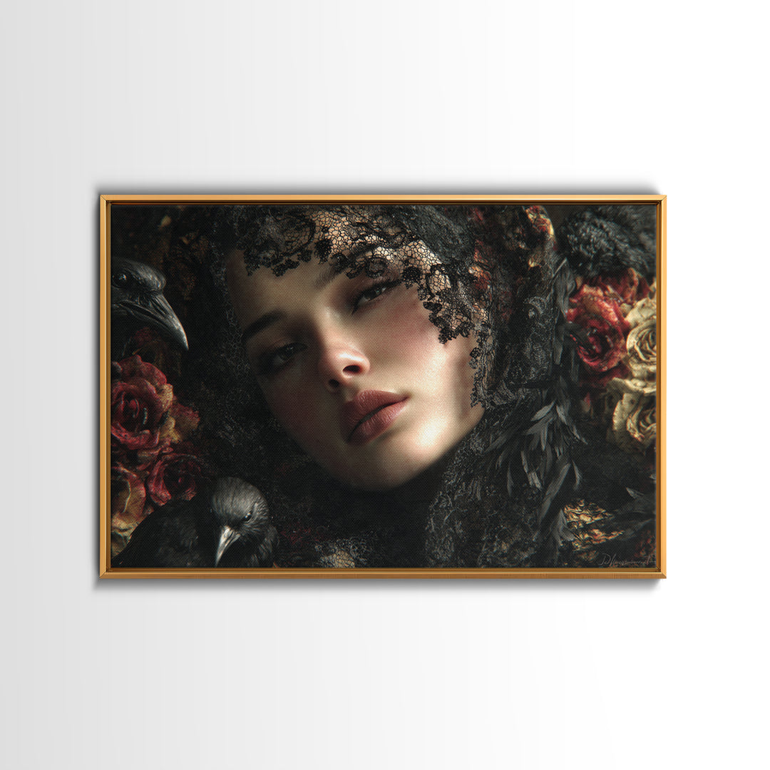 Melancholy Woman Portrait Canvas Print, Gothic Art, Black and White Art, Living Room Decor, Oil Painting, Gothic, GOT-3x2-56