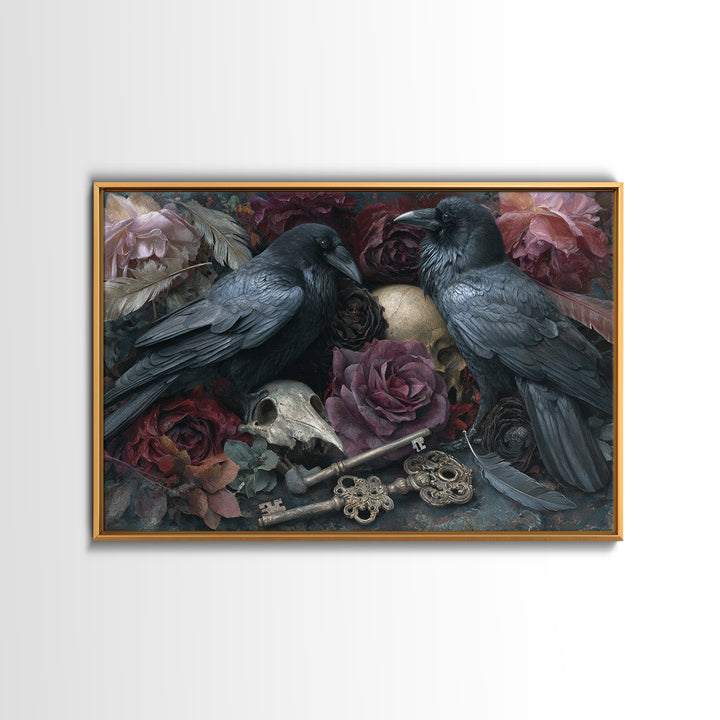 Crow Feathers and Antique Key Still Life Framed Canvas Print, Gothic Art, Gallery Decor, Living Room Decor, Abstract Art, GOT-3x2-64