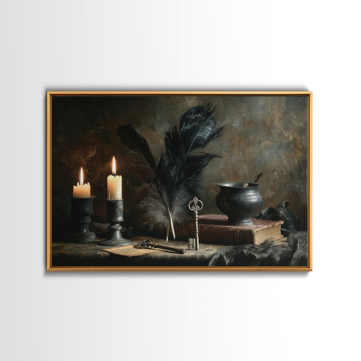 Crow Feathers and Antique Key Still Life Canvas Print, Gothic Art, Boho Decor, Living Room Decor, Fine Art, Gothic, Art Print, GOT-3x2-88