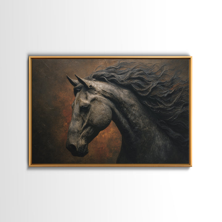 Black Horse with Flowing Mane in Fog Canvas Print, Gothic Art, Black and White Art, Living Room Decor, Fine Art, Gothic, GOT-3x2-93