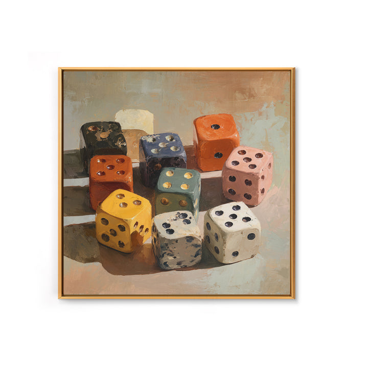 Tabletop Dice Rolling Through Dramatic Light Framed Canvas Print, Game Room Art, Gallery Decor, Game Room Decor, Fine Art, Play, GRA-1x1-41