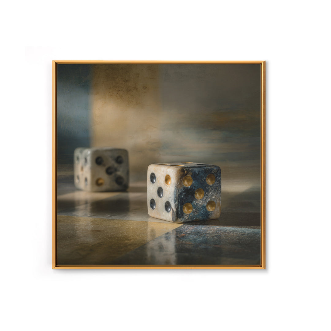 Tabletop Dice Rolling Through Dramatic Light Framed Canvas Print, Game Room Art, Gallery Decor, Game Room Decor, Fine Art, Play, GRA-1x1-65