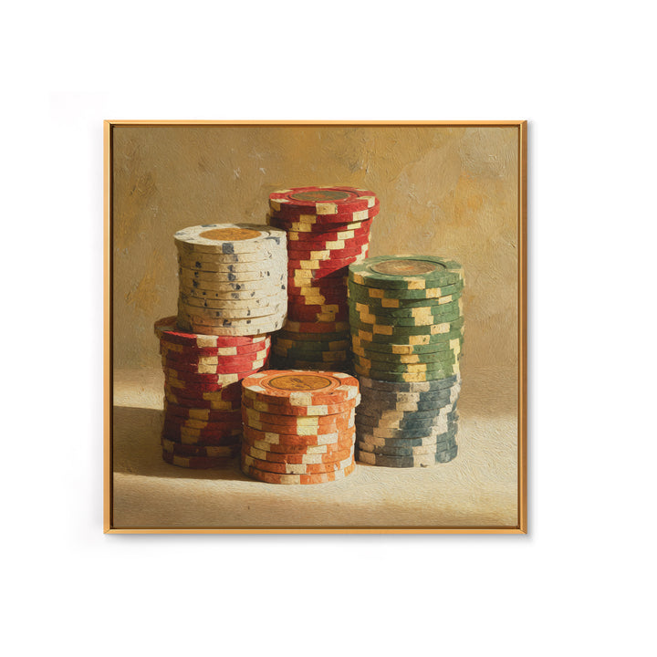 Poker Chips Stacked Like Casino Still Life Framed Canvas Print, Game Room Art, Modern Wall Art, Game Room Decor, Fine Art, Play, GRA-1x1-7