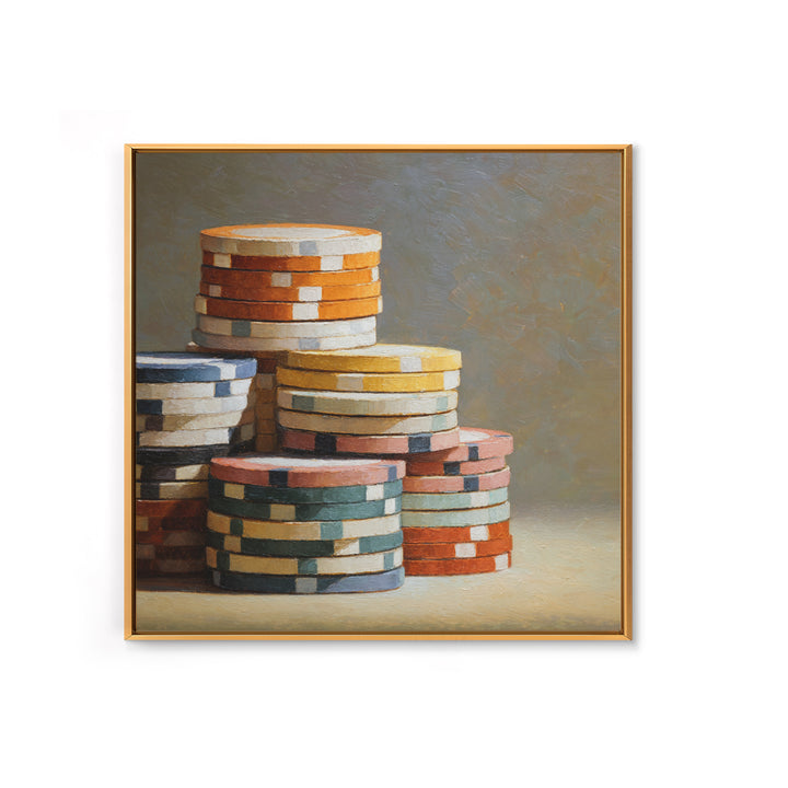 Poker Chips Stacked Like Casino Still Life Framed Canvas Print, Game Room Art, Fine Art Print, Game Room Decor, Oil Painting, GRA-1x1-79