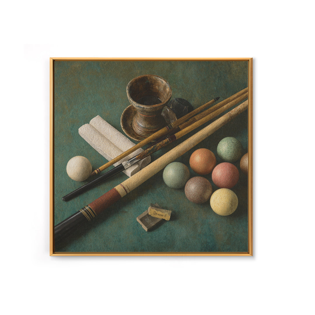Pool Cue and Chalk on Green Felt Canvas Print, Game Room Art, Neutral Decor, Game Room Decor, Oil Painting, Play, Wall Art, GRA-1x1-82