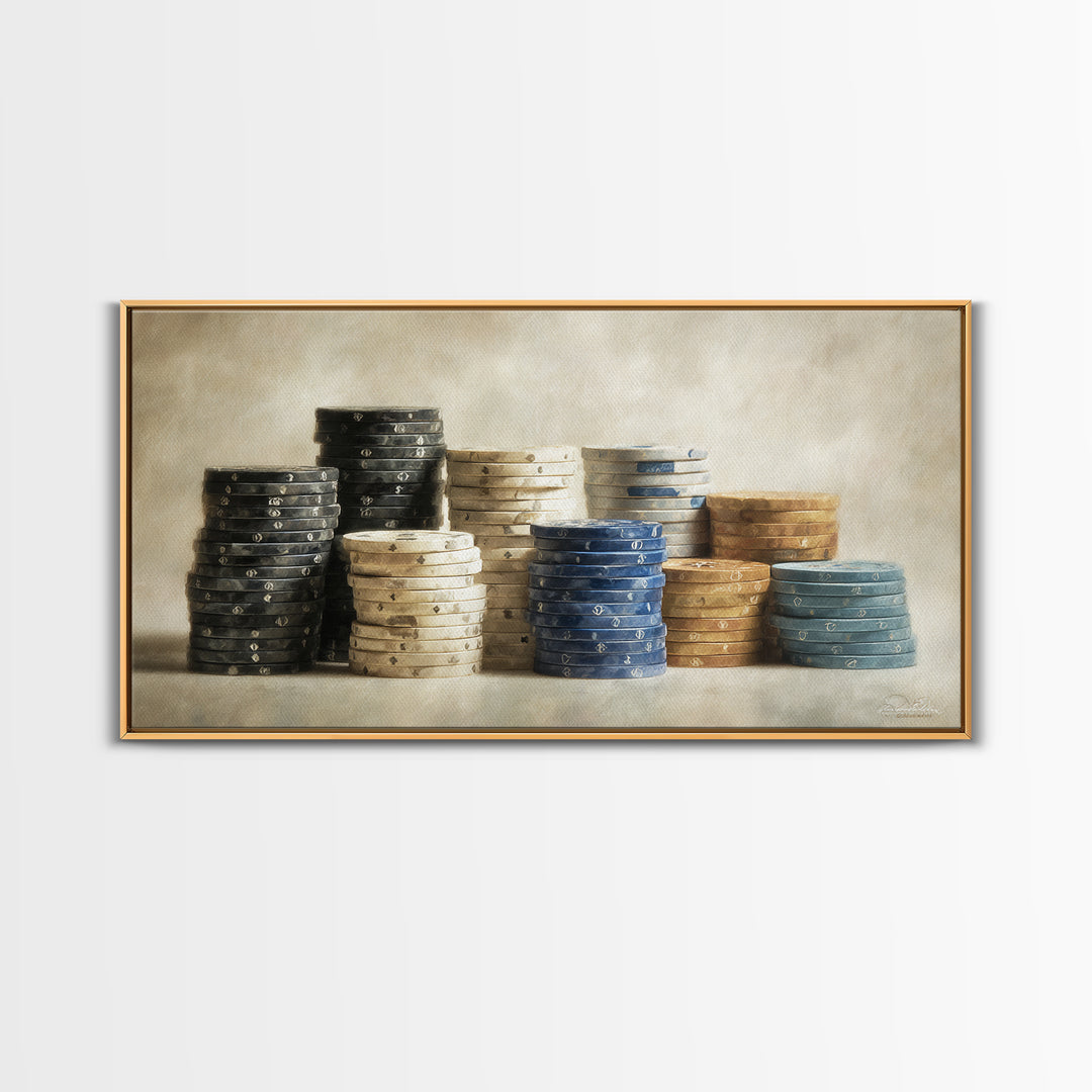 Poker Chips Stacked Like Casino Still Life Framed Canvas Print, Game Room Art, Modern Wall Art, Game Room Decor, Fine Art, Play, GRA-2x1-3