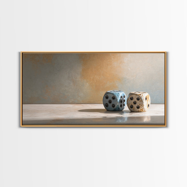 Tabletop Dice Rolling Through Dramatic Light Framed Canvas Print, Game Room Art, Minimalist Decor, Game Room Decor, Play, GRA-2x1-37