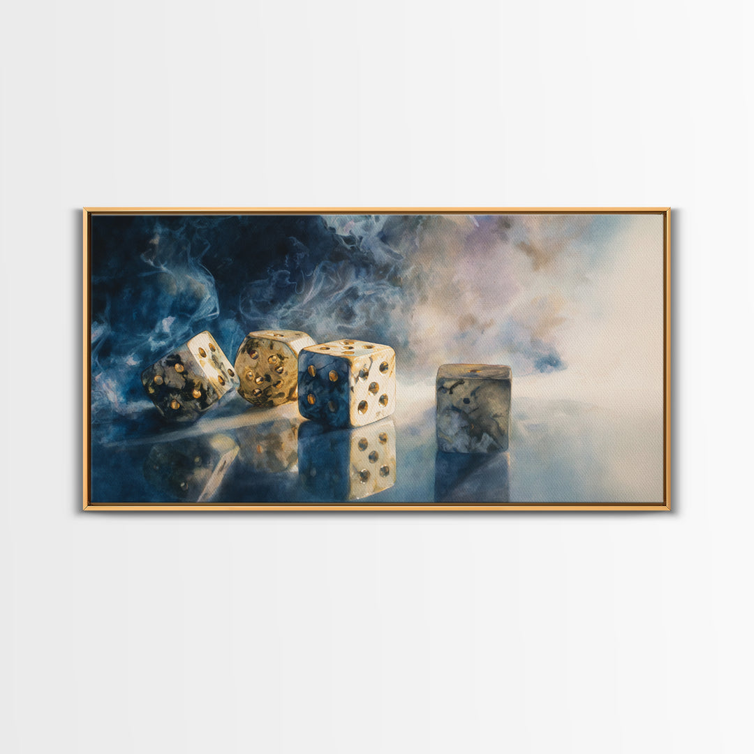 Tabletop Dice Rolling Through Dramatic Light Canvas Print, Game Room Art, Classroom Decor, Game Room Decor, Fine Art, Play, GRA-2x1-61