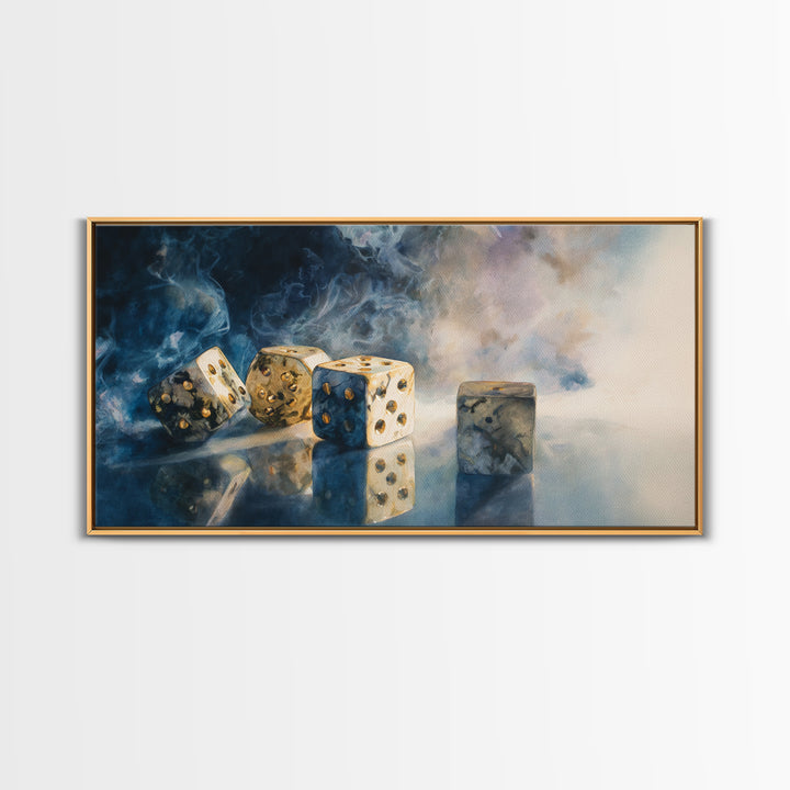Tabletop Dice Rolling Through Dramatic Light Canvas Print, Game Room Art, Classroom Decor, Game Room Decor, Fine Art, Play, GRA-2x1-61