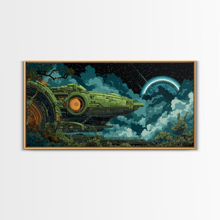 Arcade Spaceship Pixel Art Scene Canvas Print, Game Room Art, African American Art, Game Room Decor, Play, Kids Room Wall Art, GRA-2x1-63