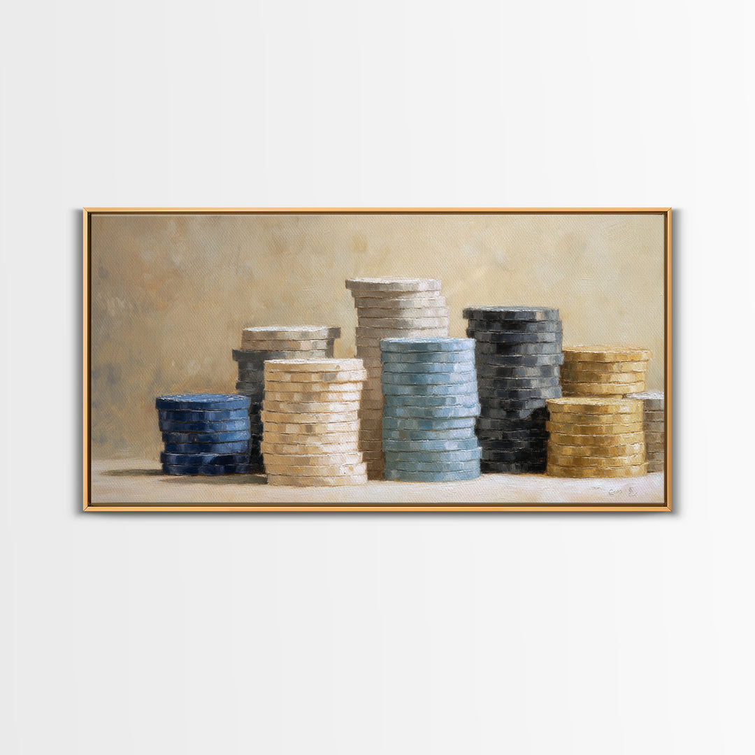 Poker Chips Stacked Like Casino Still Life Framed Canvas Print, Game Room Art, Boho Decor, Game Room Decor, Fine Art, Play, GRA-2x1-75