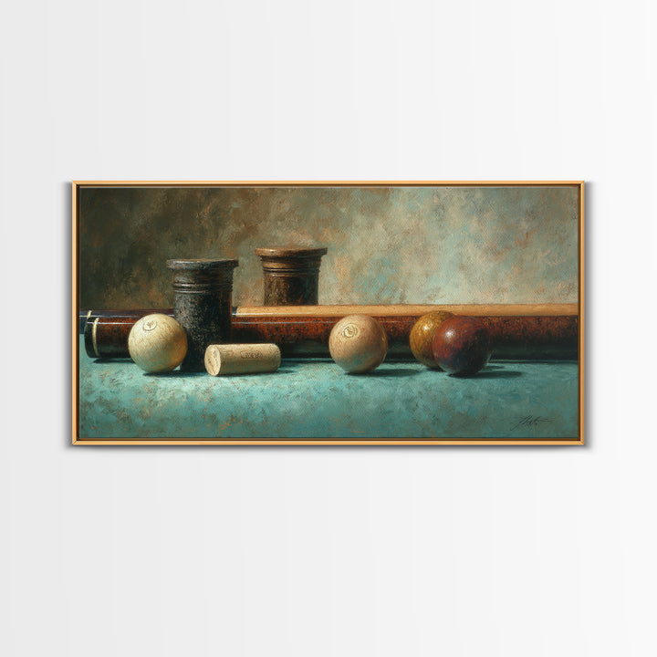 Pool Cue and Chalk on Green Felt Canvas Print, Game Room Art, Contemporary Art, Game Room Decor, Play, Bedroom Wall Art, GRA-2x1-78