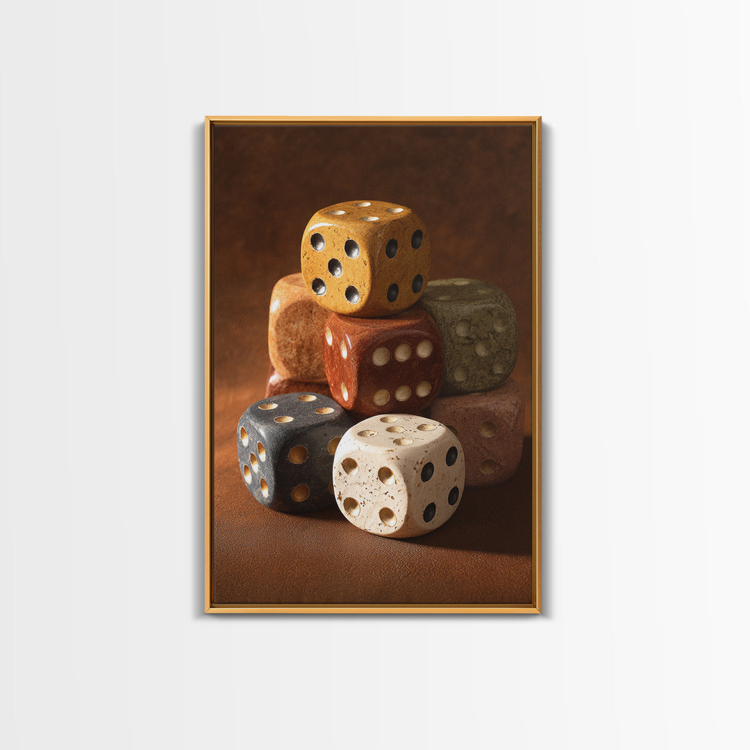 Tabletop Dice Rolling Through Dramatic Light Framed Canvas Print, Game Room Art, Canvas Print, Game Room Decor, Fine Art, Play, GRA-2x3-73