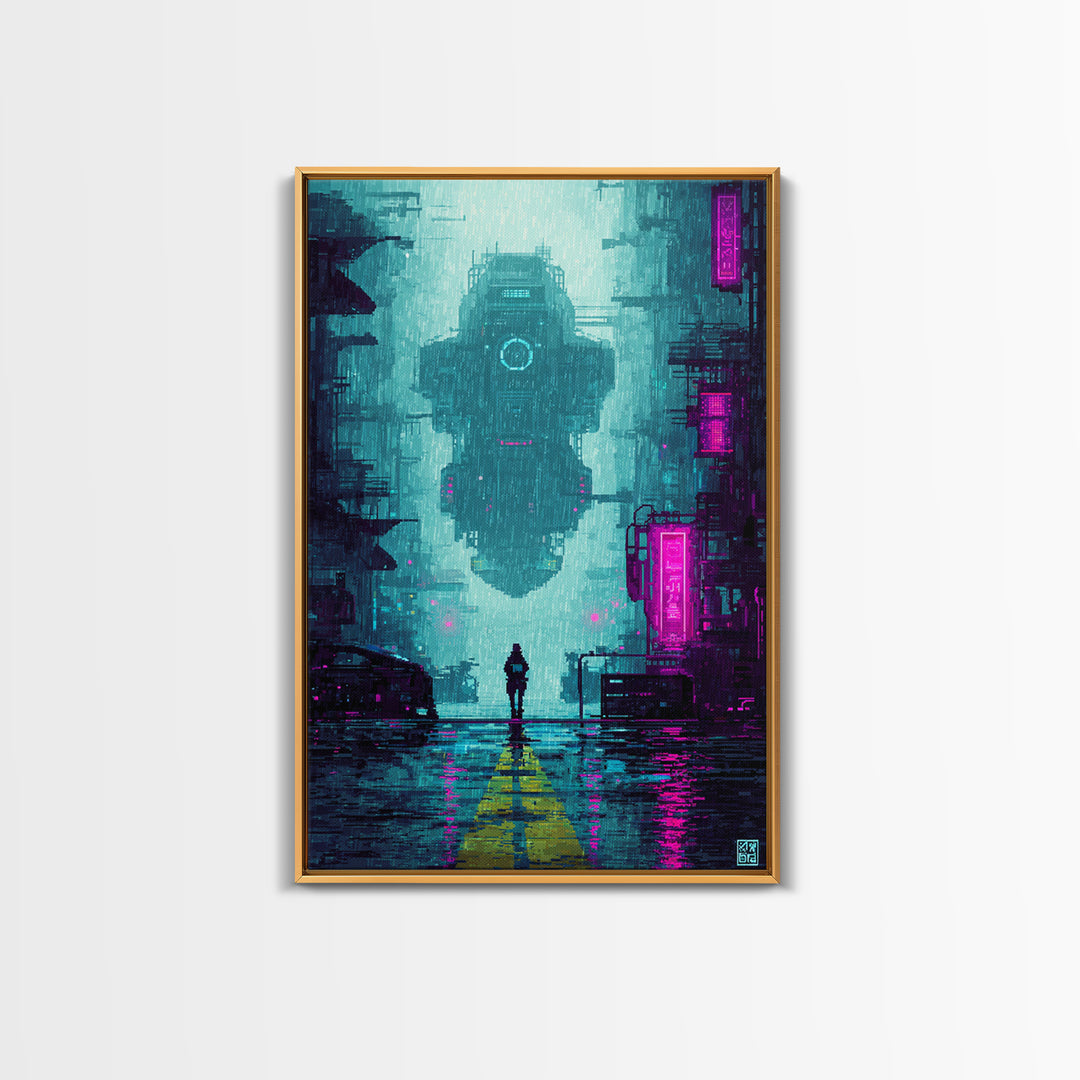 Arcade Spaceship Pixel Art Scene Framed Canvas Print, Game Room Art, Canvas Art, Game Room Decor, Play, Living Room Art, GRA-2x3-75