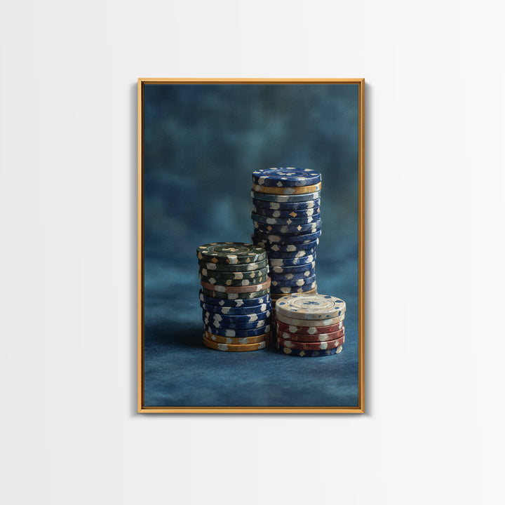 Poker Chips Stacked Like Casino Still Life Framed Canvas Print, Game Room Art, African American Art, Game Room Decor, Play, GRA-2x3-87