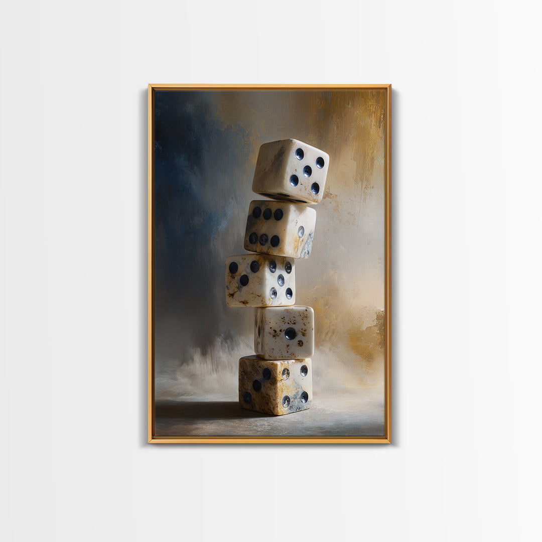 Tabletop Dice Rolling Through Dramatic Light Framed Canvas Print, Game Room Art, Canvas Print, Game Room Decor, Fine Art, Play, GRA-2x3-97