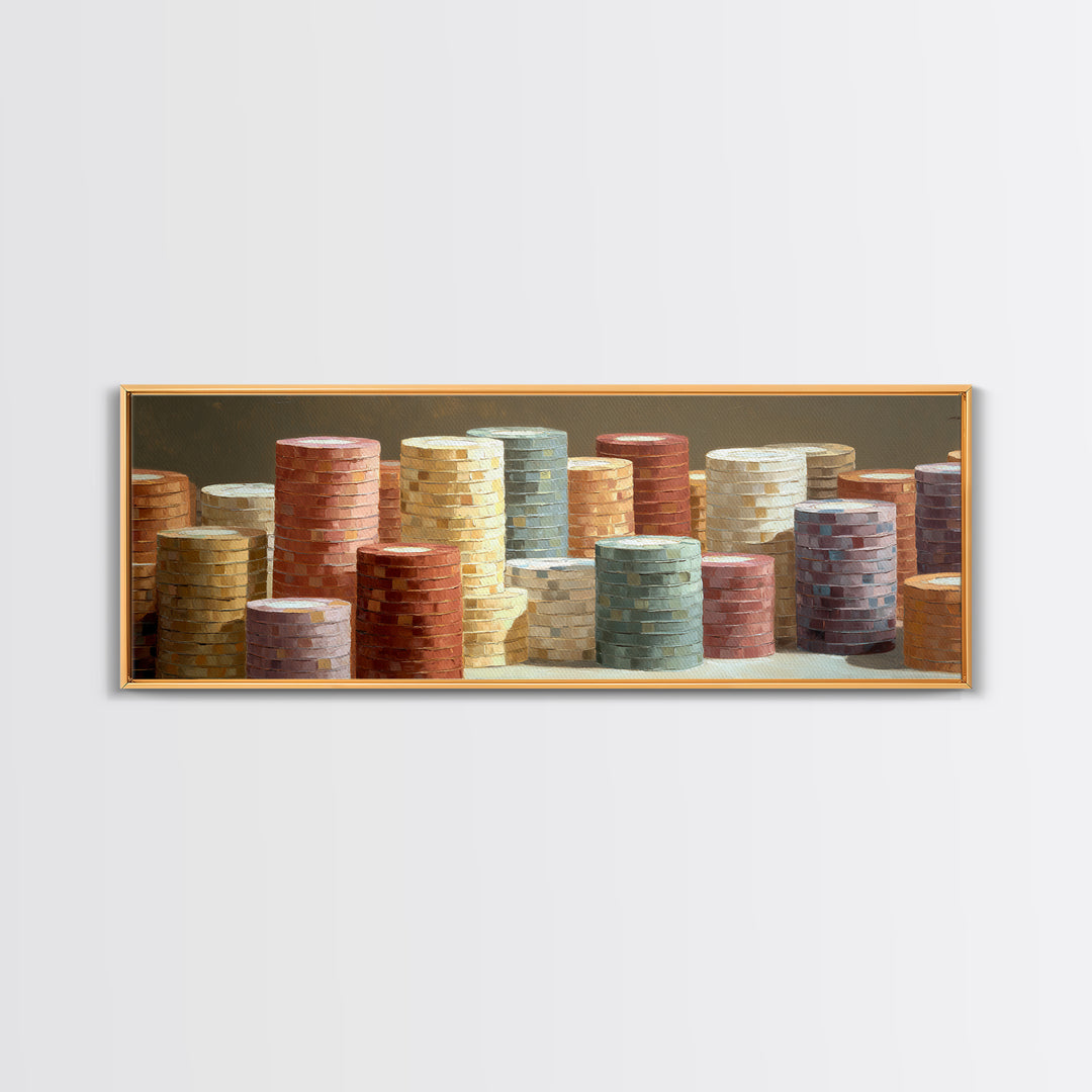 Poker Chips Stacked Like Casino Still Life Framed Canvas Print, Game Room Art, Boho Decor, Game Room Decor, Fine Art, Play, GRA-3x1-23