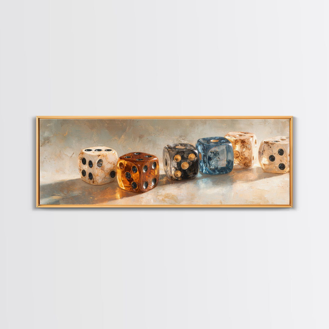 Tabletop Dice Rolling Through Dramatic Light Framed Canvas Print, Game Room Art, Pop Art, Game Room Decor, Fine Art, Play, GRA-3x1-81